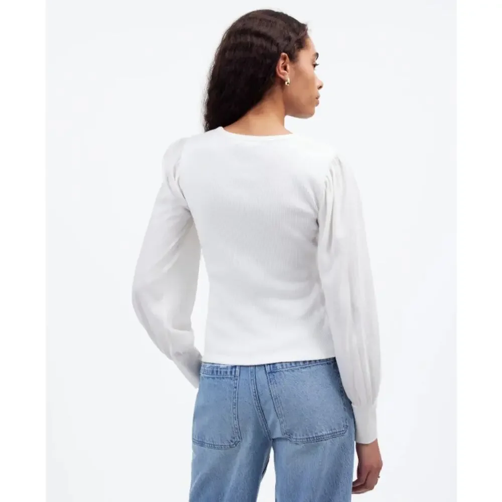 Madewell Ribbed Puff-Sleeve Top Sz S White Long Sleeve Slim Fit Pullover Cotton - Picture 3 of 8